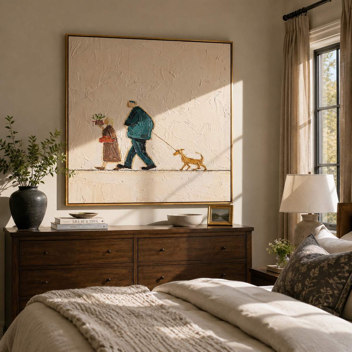 Flowers Travel Beside Them people and pets wall art above contemporary furnishings