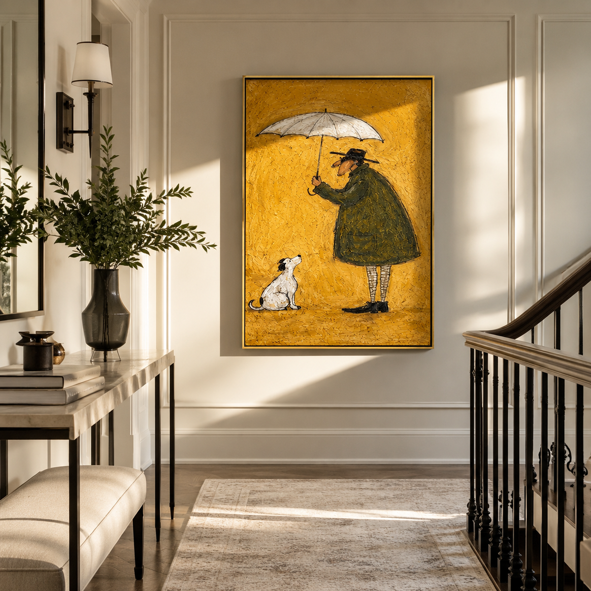Umbrella Shelters Quiet Friend person and white dog painting displayed in a styled interior
