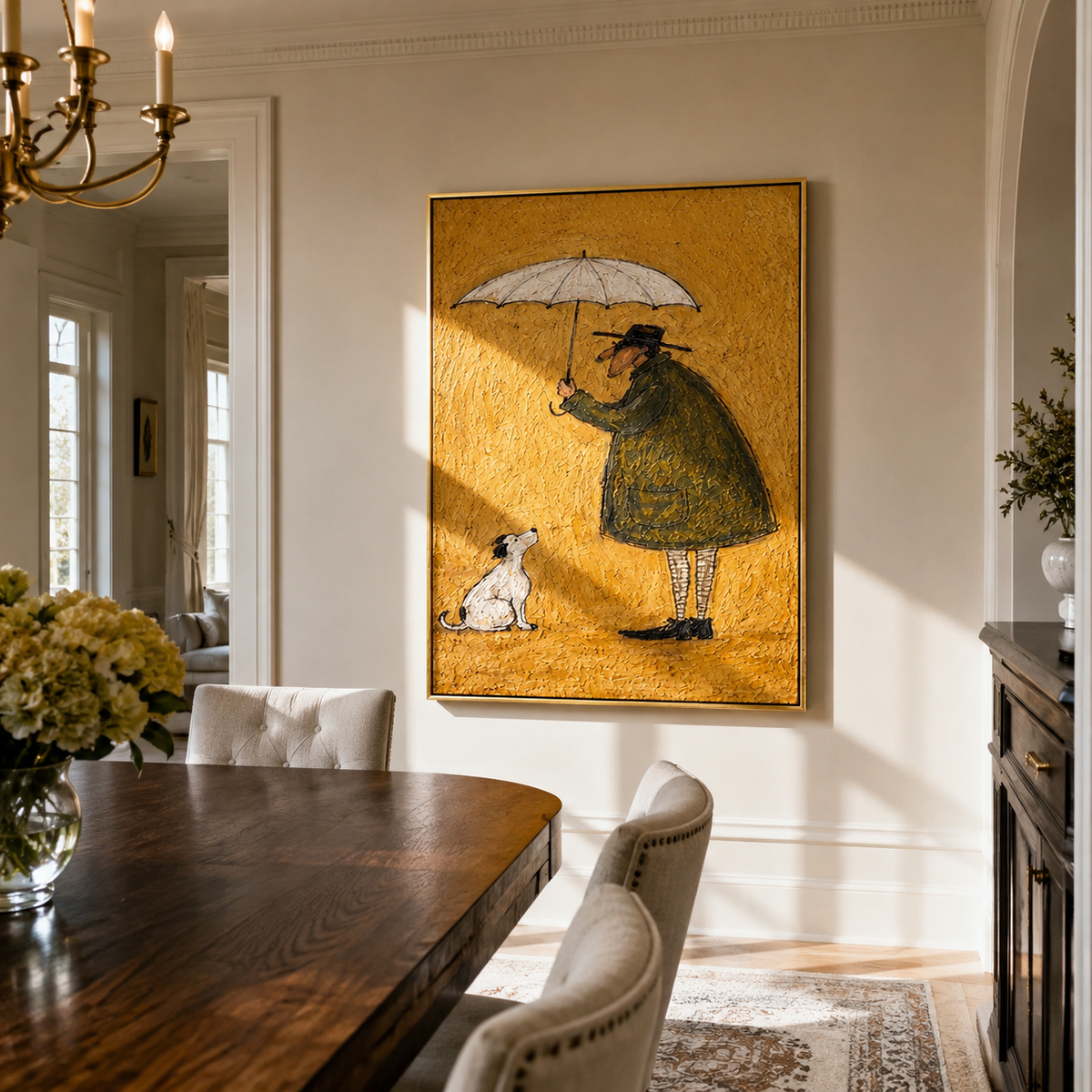 Umbrella Shelters Quiet Friend people and pets wall art above contemporary furnishings