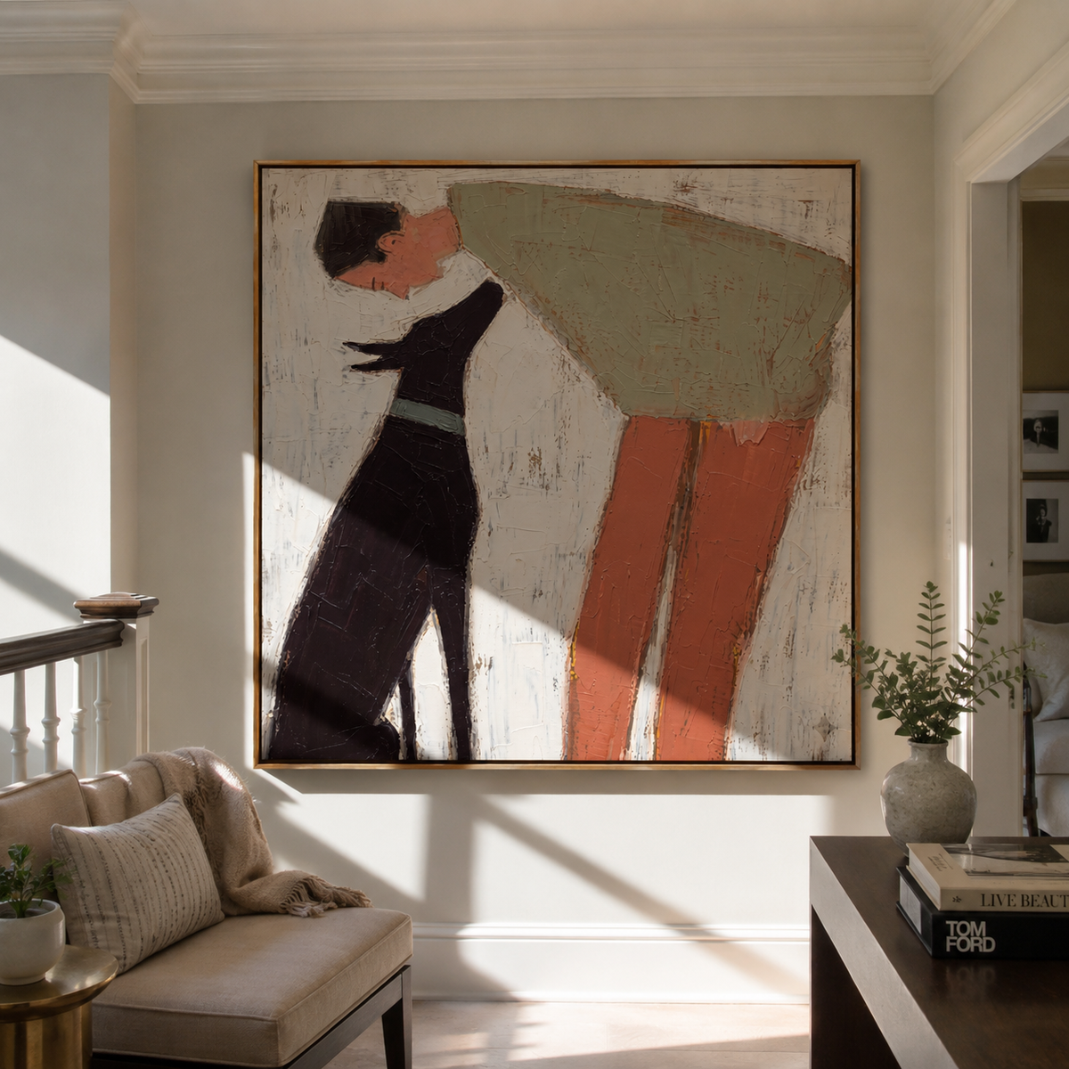 Soft Giant Leans Close people and pets wall art above contemporary furnishings