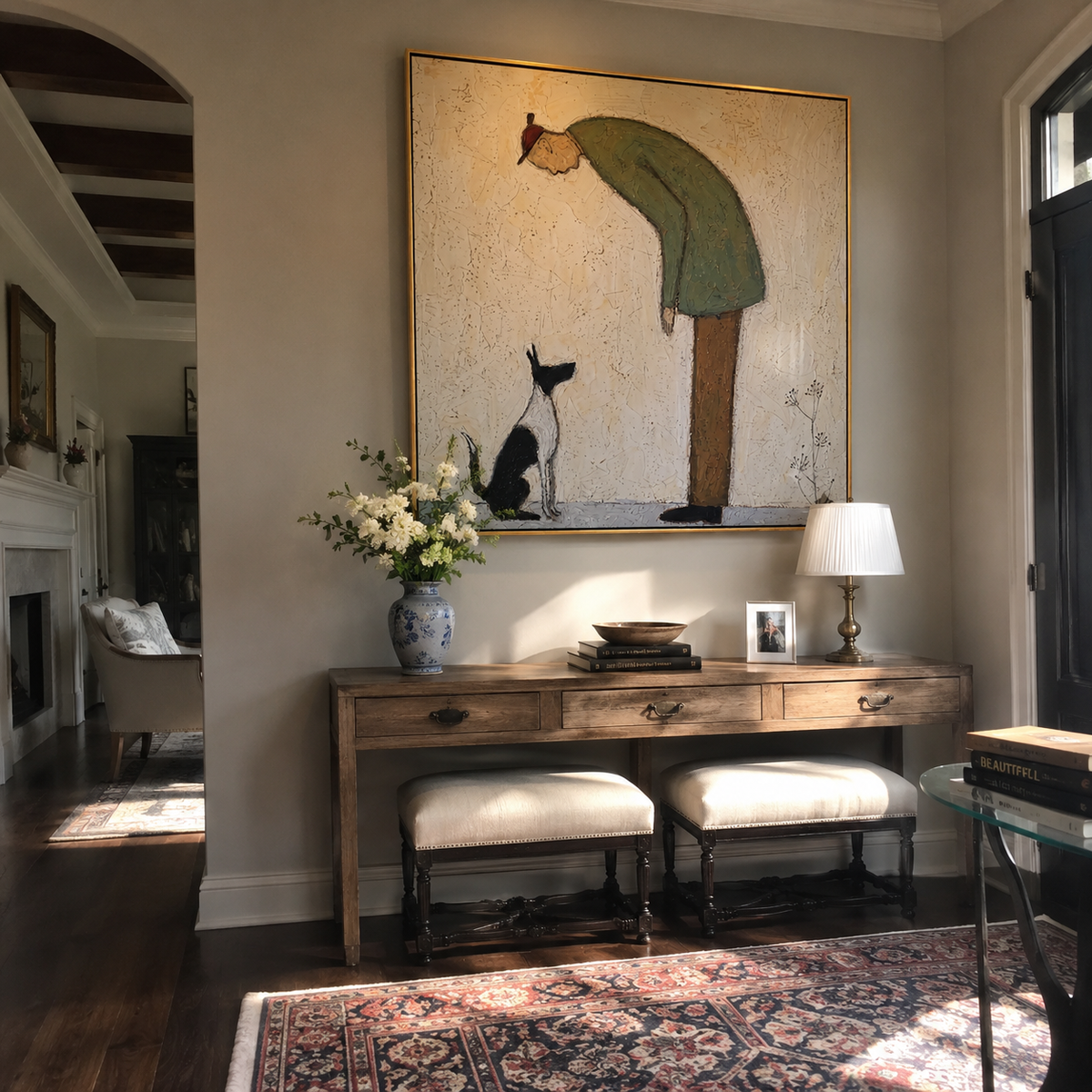 Black Cat Looks Up people and pets wall art above contemporary furnishings
