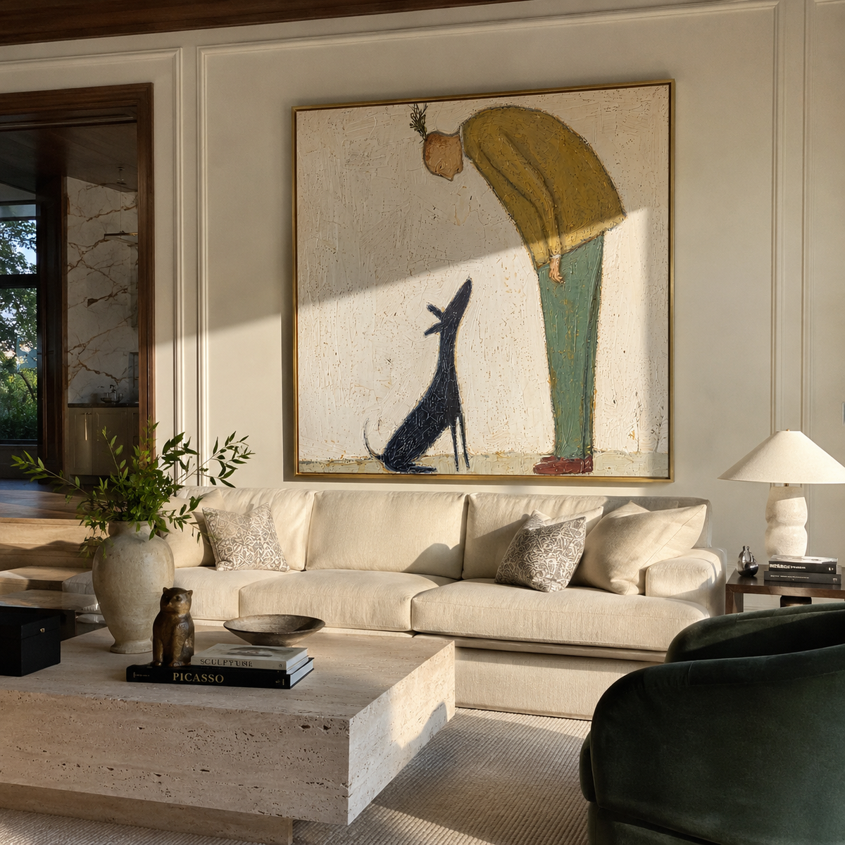 Long Dog Holds Gaze person greeting black dog painting displayed in a styled interior