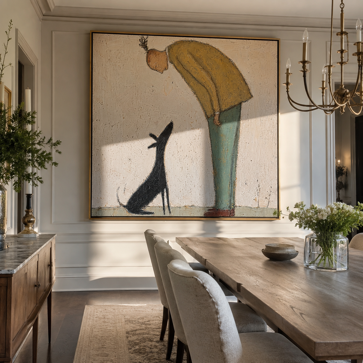 Long Dog Holds Gaze people and pets wall art above contemporary furnishings