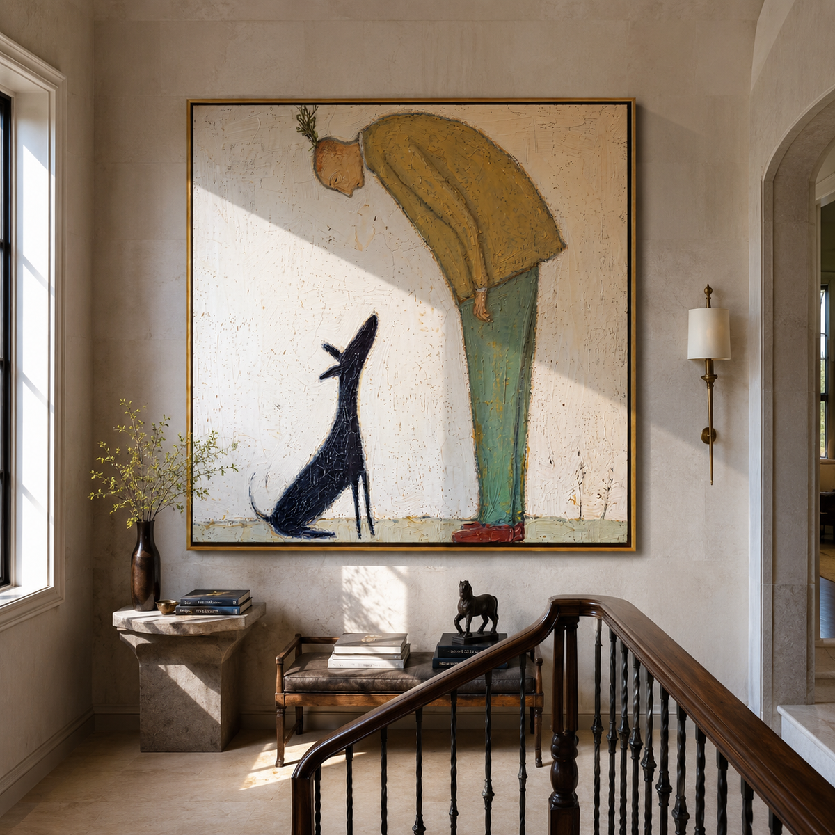 Long Dog Holds Gaze artwork styled as a warm modern focal point