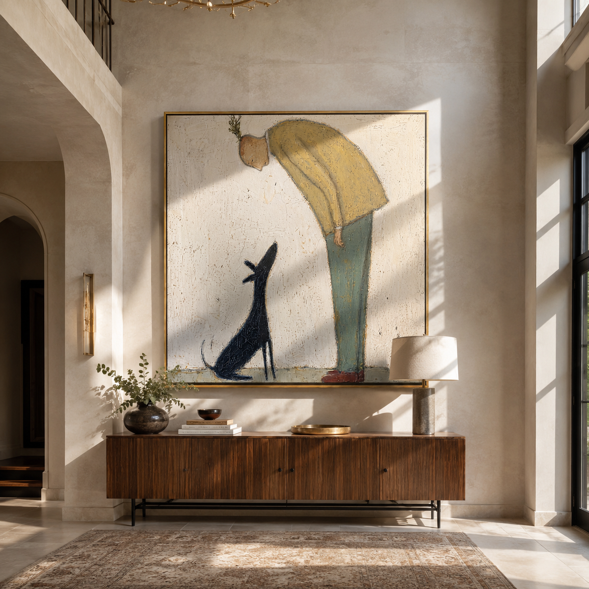 Long Dog Holds Gaze displayed with natural materials and quiet decor