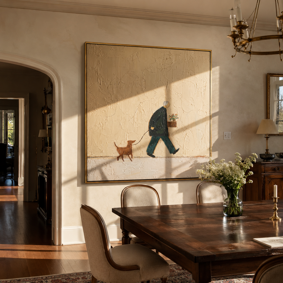 Flowers Lead Red Hound person walking red dog painting displayed in a styled interior