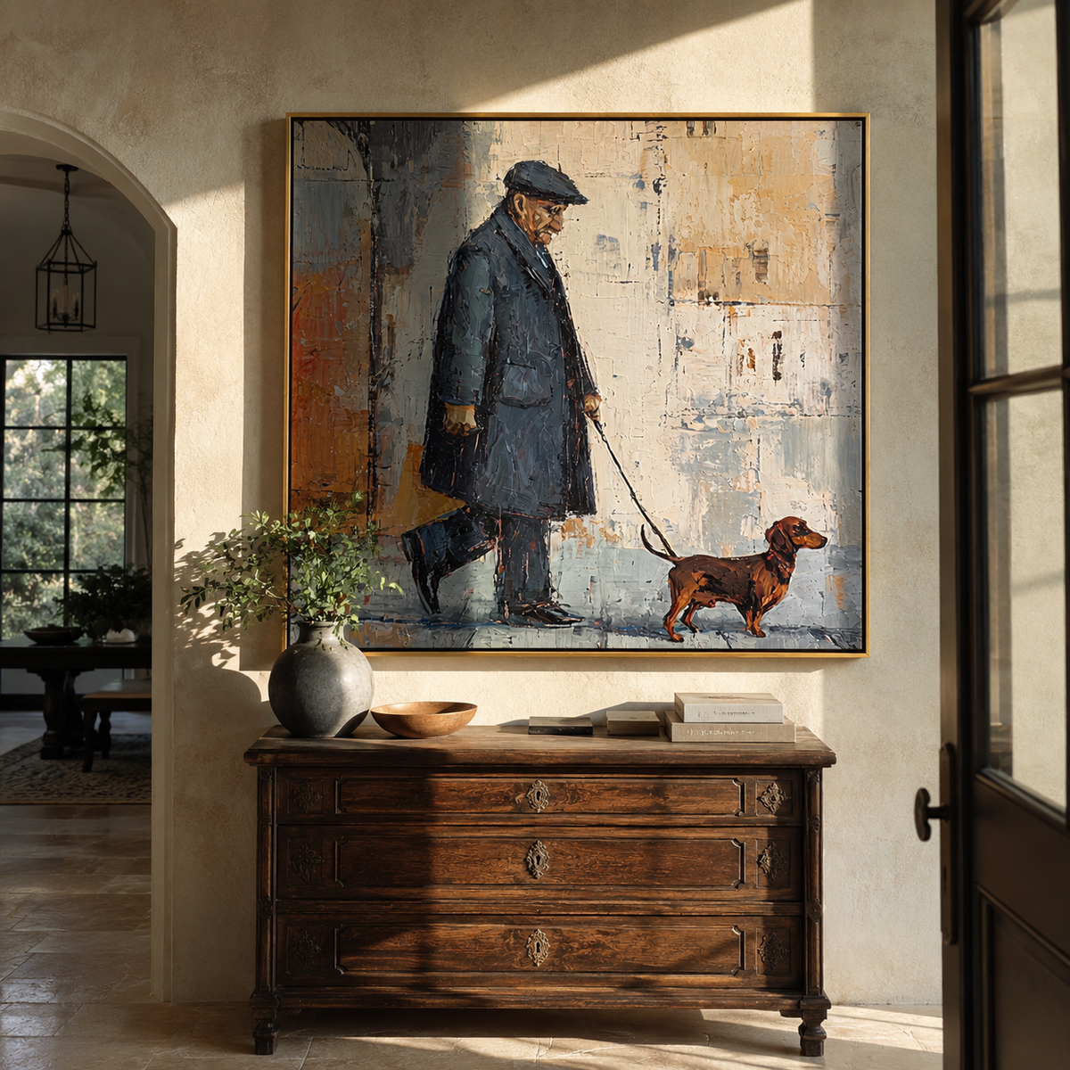 City Walls Follow Dachshund man walking dog city painting displayed in a styled interior