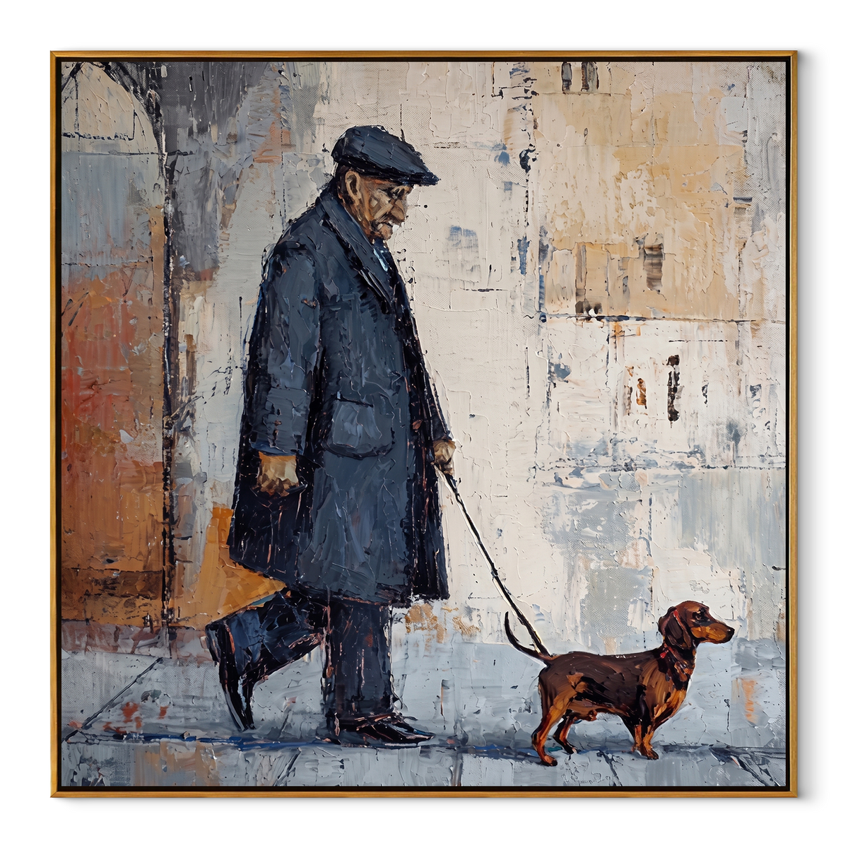 City Walls Follow Dachshund square painting in a wood frame on a white background