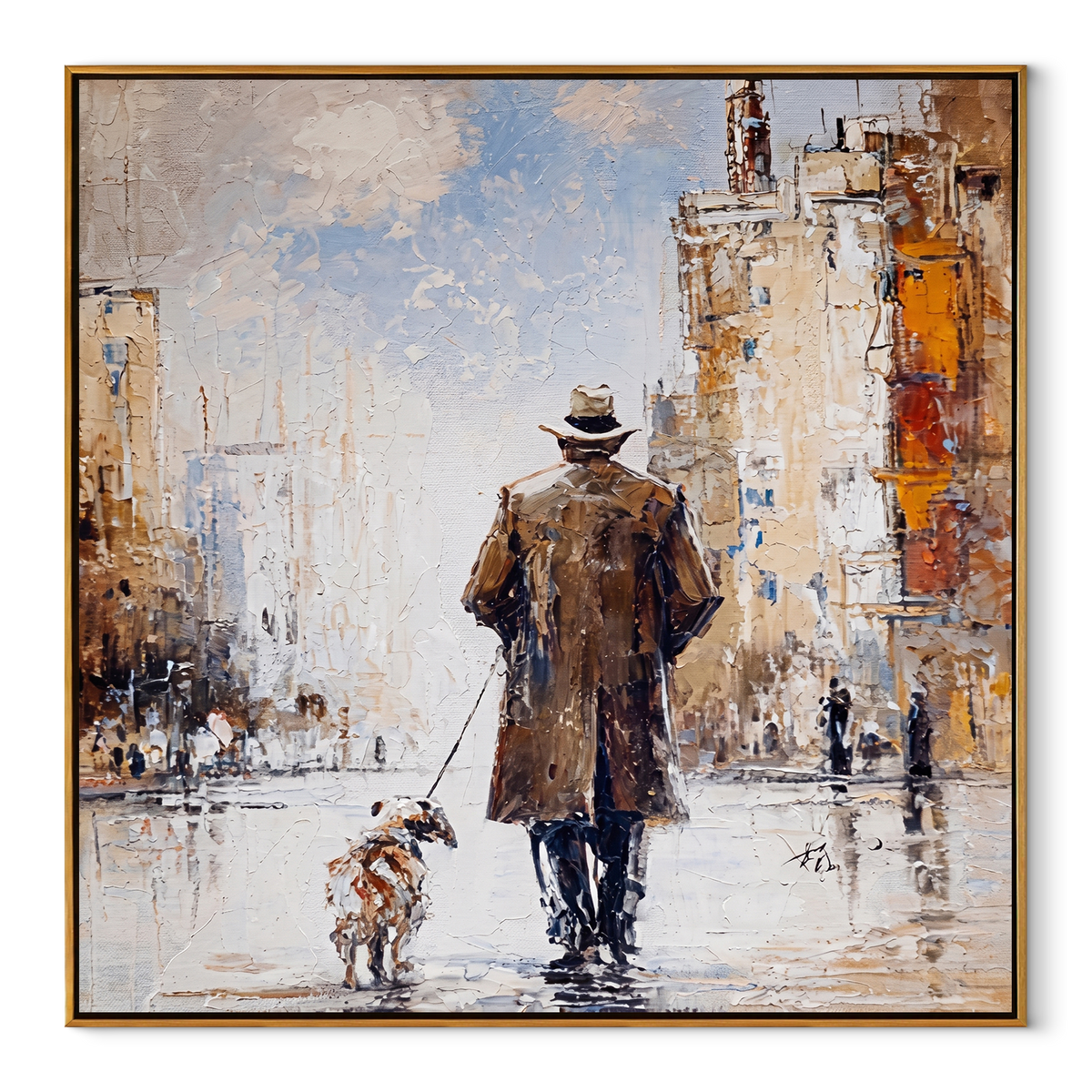 Snow Street Shared Steps square painting in a wood frame on a white background