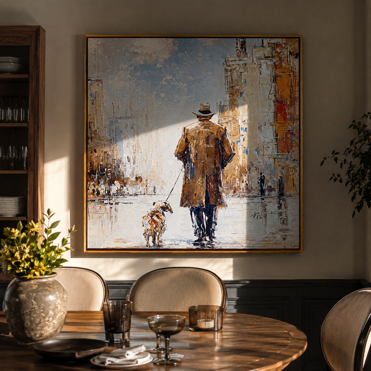 Snow Street Shared Steps people and pets wall art above contemporary furnishings
