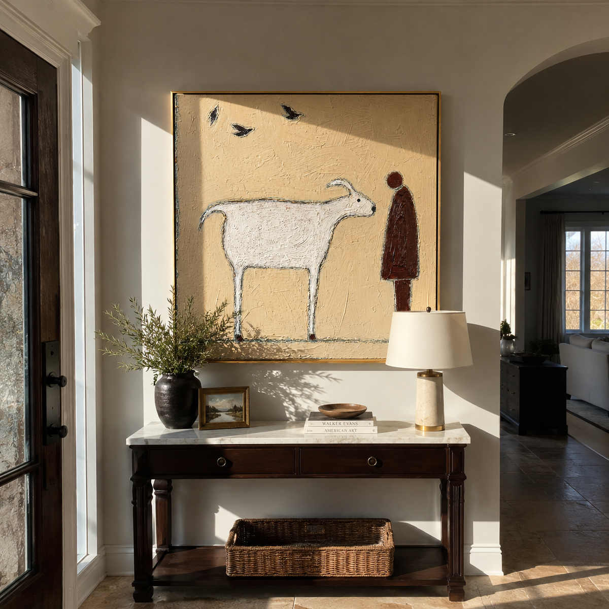 White Goat Meets Silence person beside white goat painting displayed in a styled interior