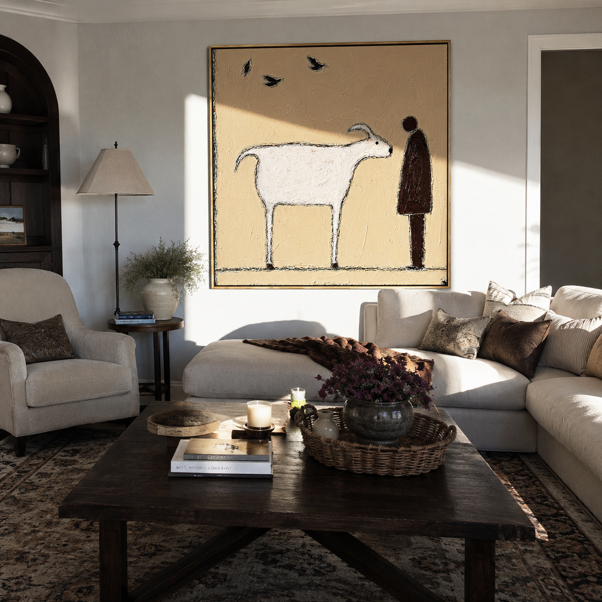 White Goat Meets Silence artwork styled as a warm modern focal point