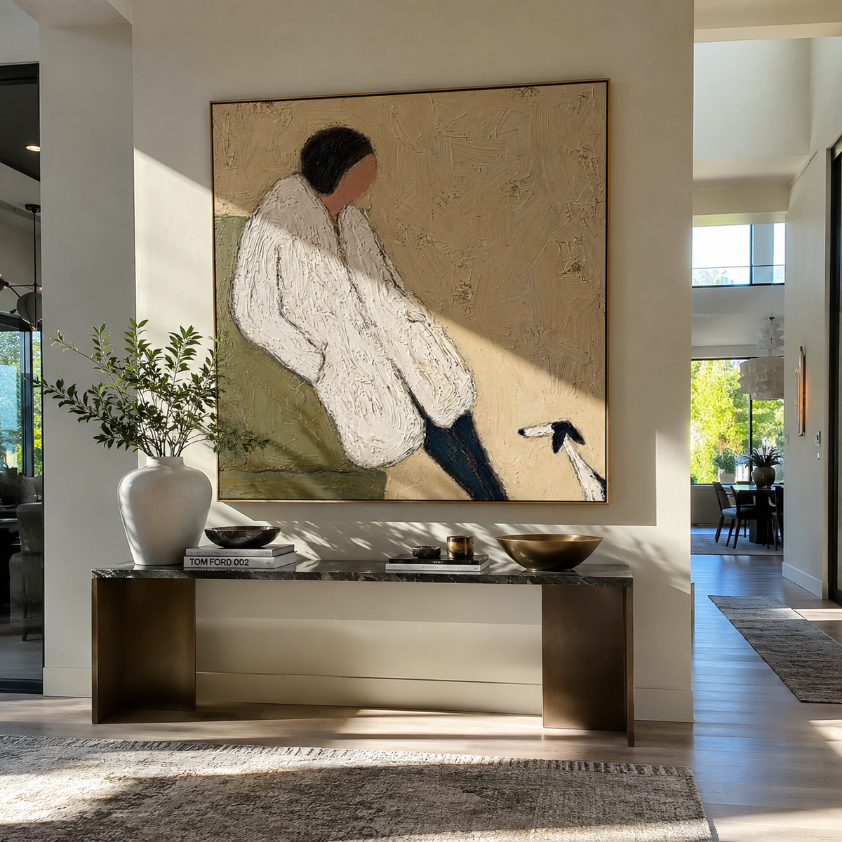 White Sleeves Quiet Hound seated woman and dog painting displayed in a styled interior
