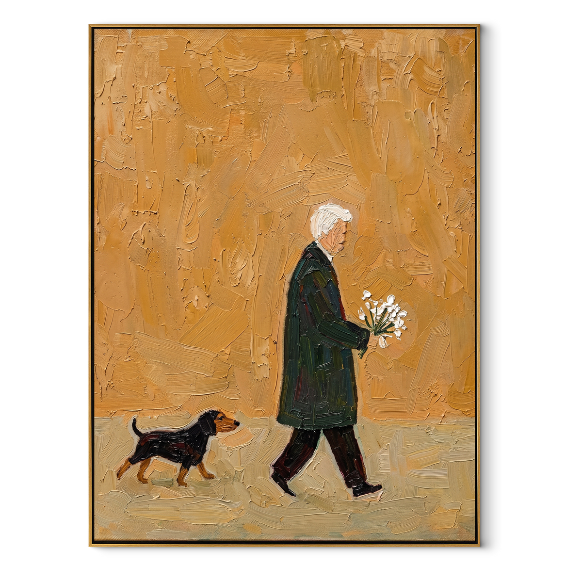 Gold Morning Flower Walk vertical painting in a wood frame on a white background