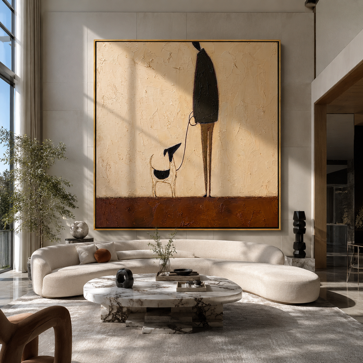 Tall Shadow Small Dog tall figure and dog painting displayed in a styled interior