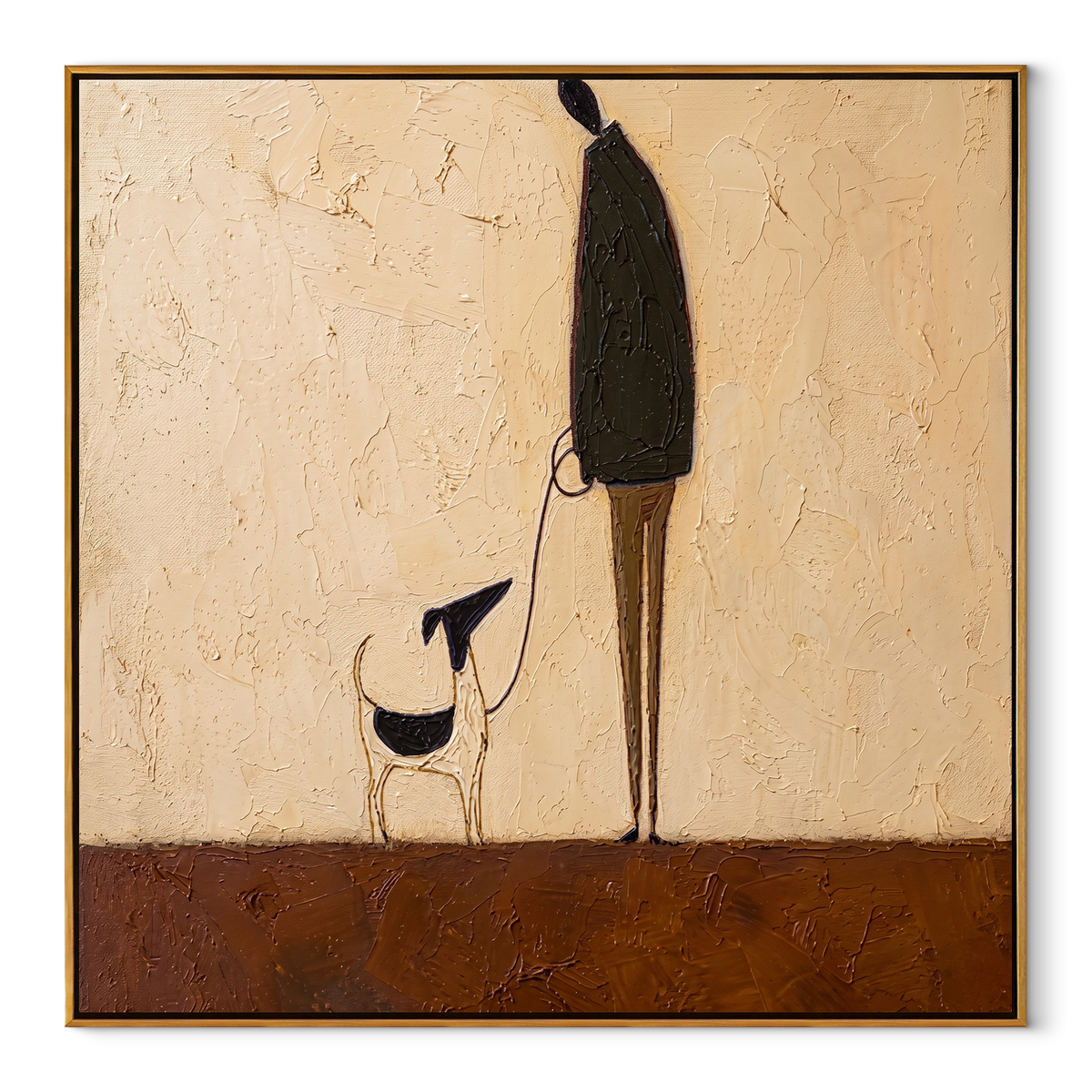 Tall Shadow Small Dog square painting in a wood frame on a white background