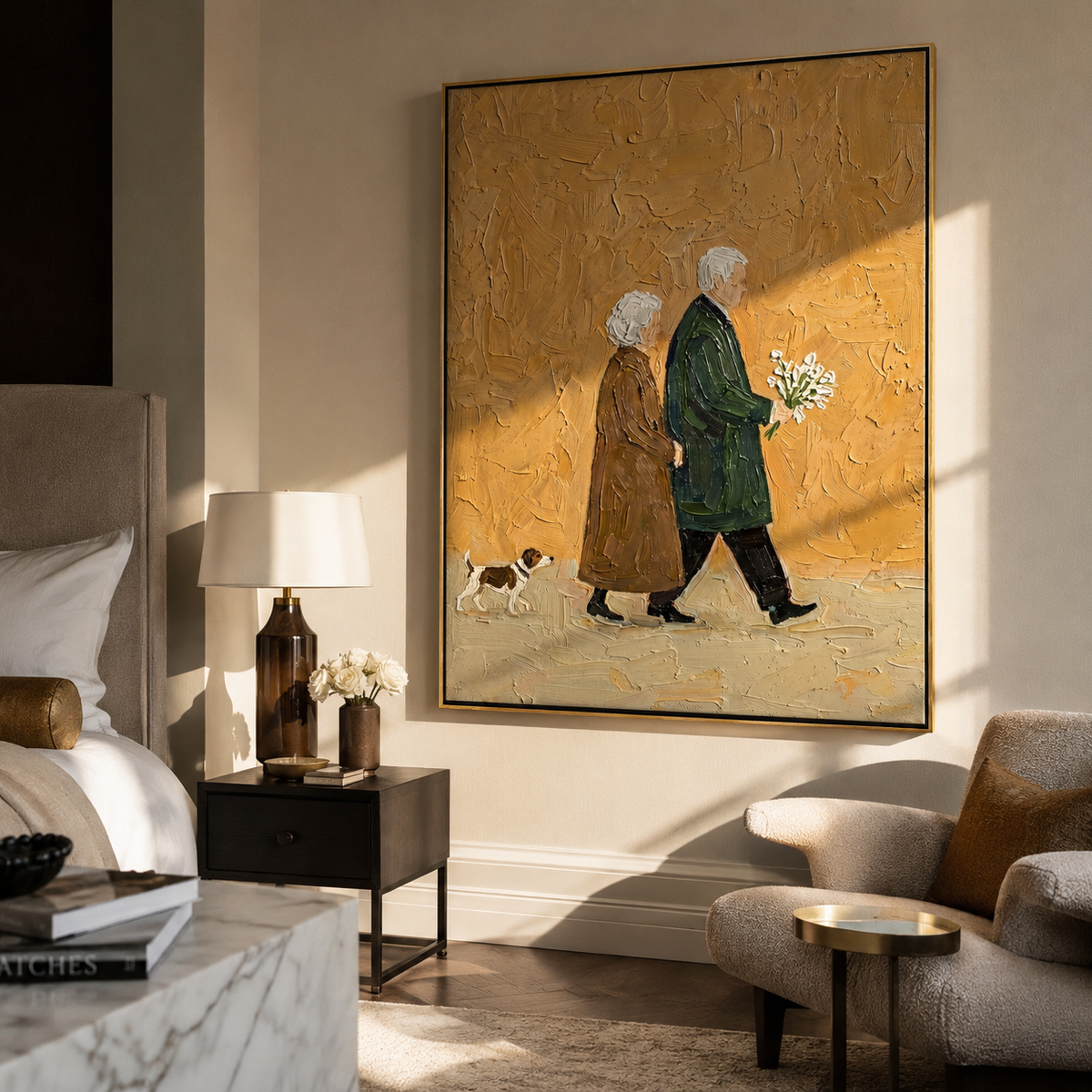 Flowers Between Two Coats elderly couple with dog painting displayed in a styled interior