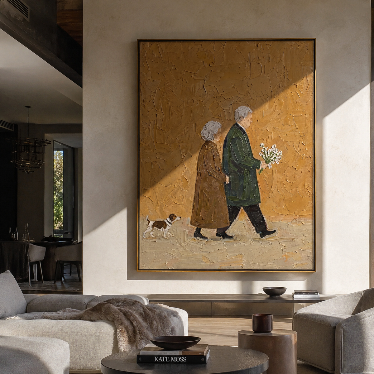 Flowers Between Two Coats people and pets wall art above contemporary furnishings