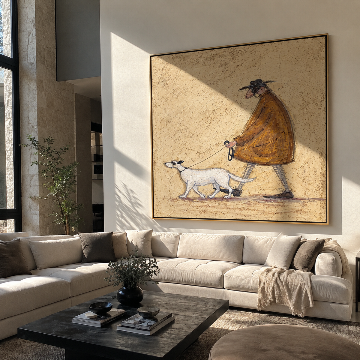 White Hound Sets Pace person walking white hound painting displayed in a styled interior