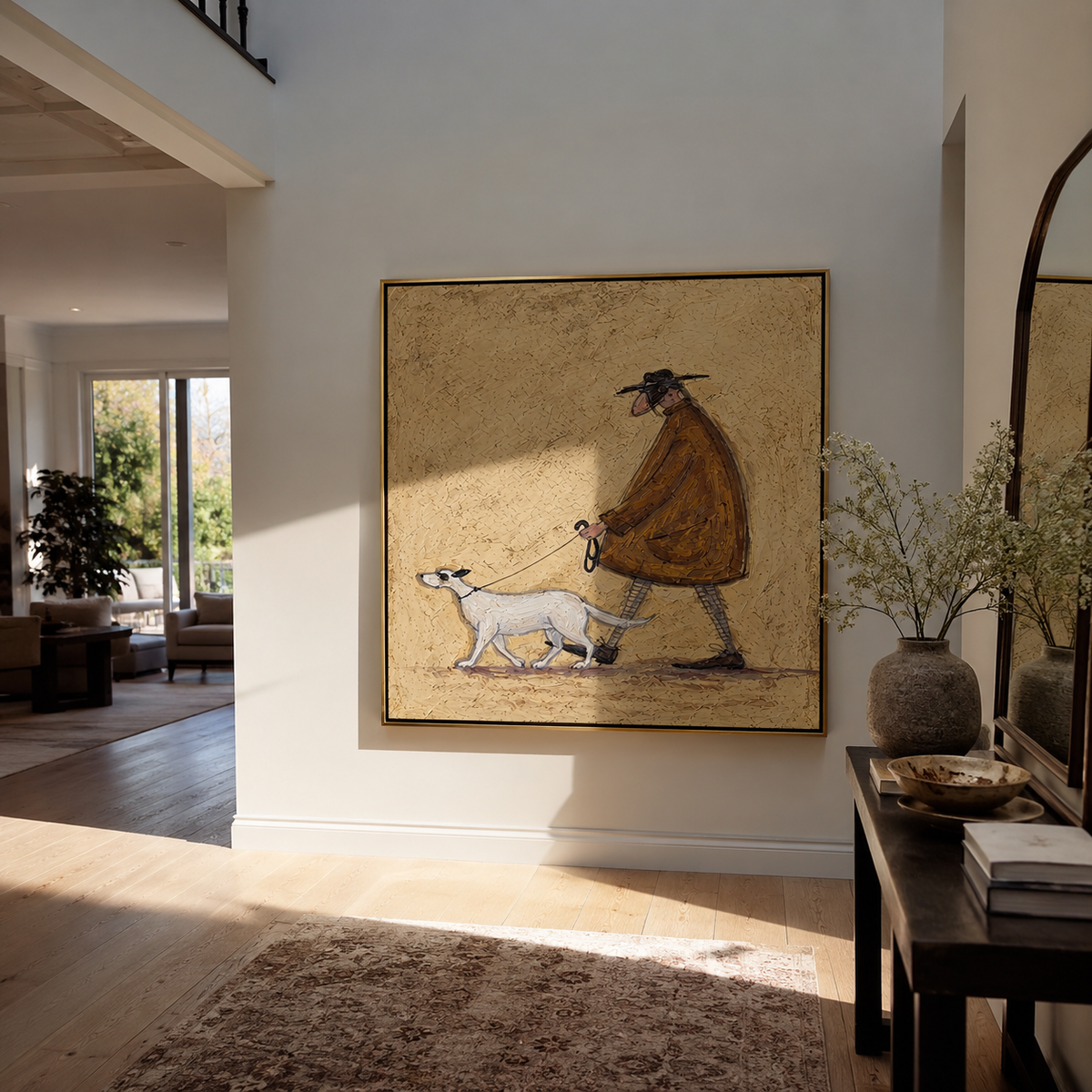 White Hound Sets Pace people and pets wall art above contemporary furnishings