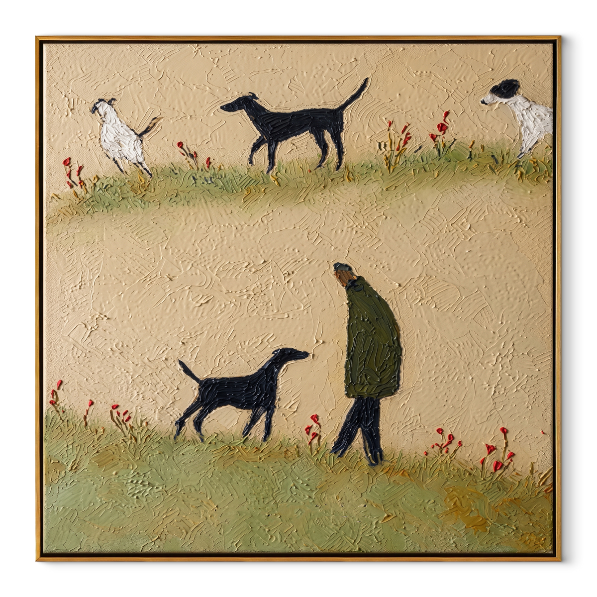 Meadow Walk Repeats Softly square painting in a wood frame on a white background