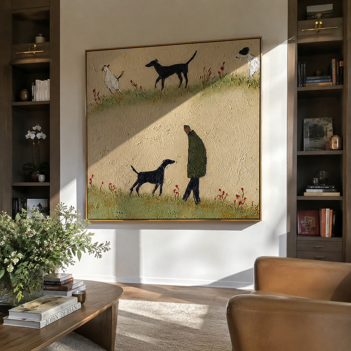 Meadow Walk Repeats Softly people and pets wall art above contemporary furnishings