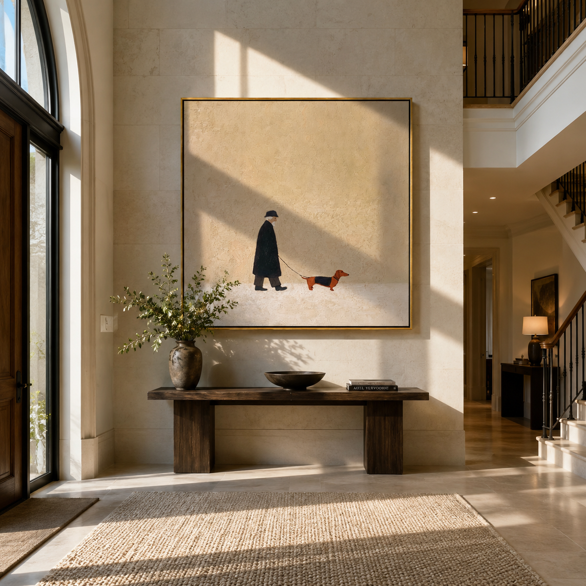 Dachshund Crosses Pale Ground person walking dachshund painting displayed in a styled interior