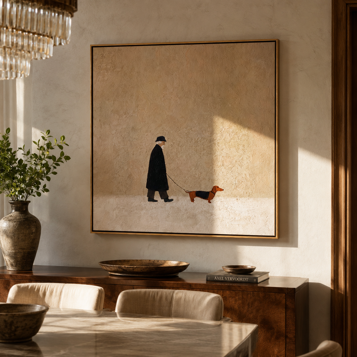 Dachshund Crosses Pale Ground people and pets wall art above contemporary furnishings
