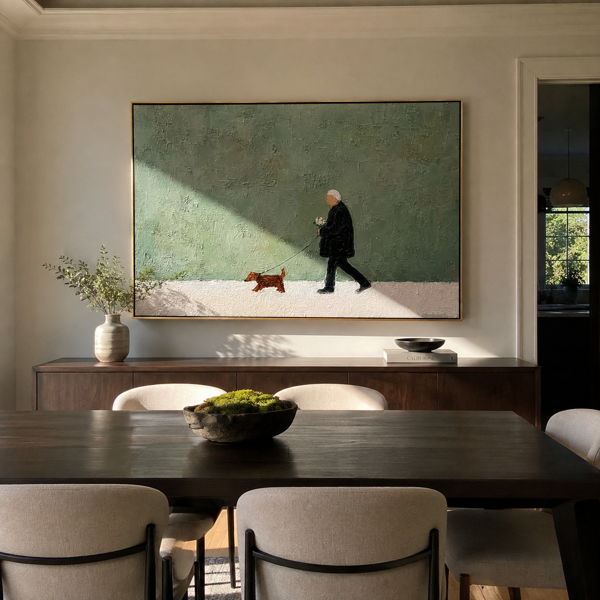 Green Wall Short Journey people and pets wall art above contemporary furnishings