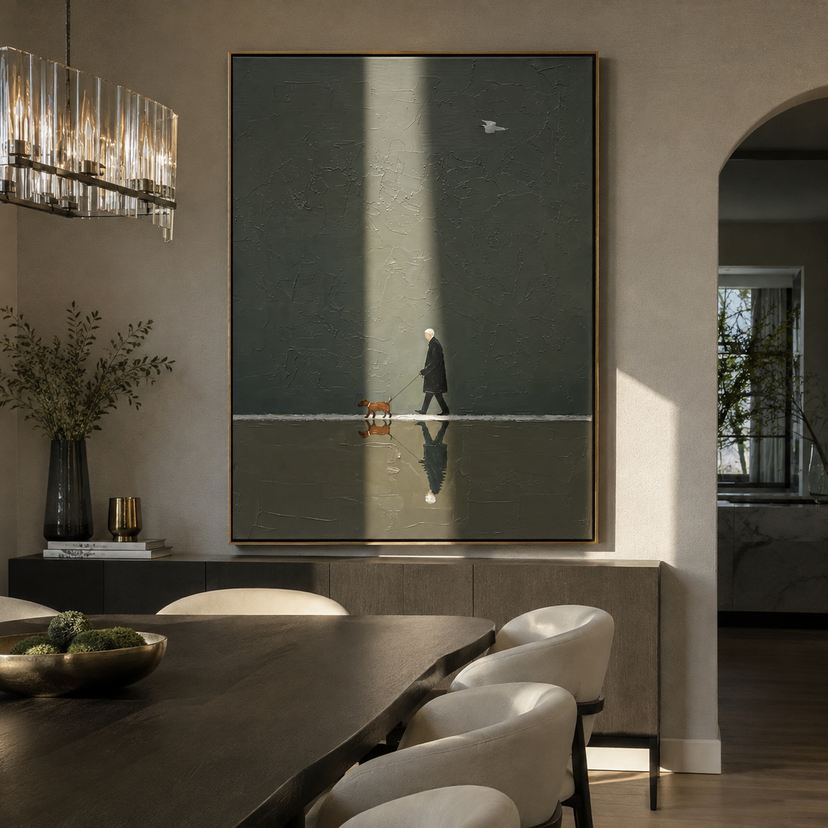 Reflections Hold Evening Walk person and dogs reflection painting displayed in a styled interior