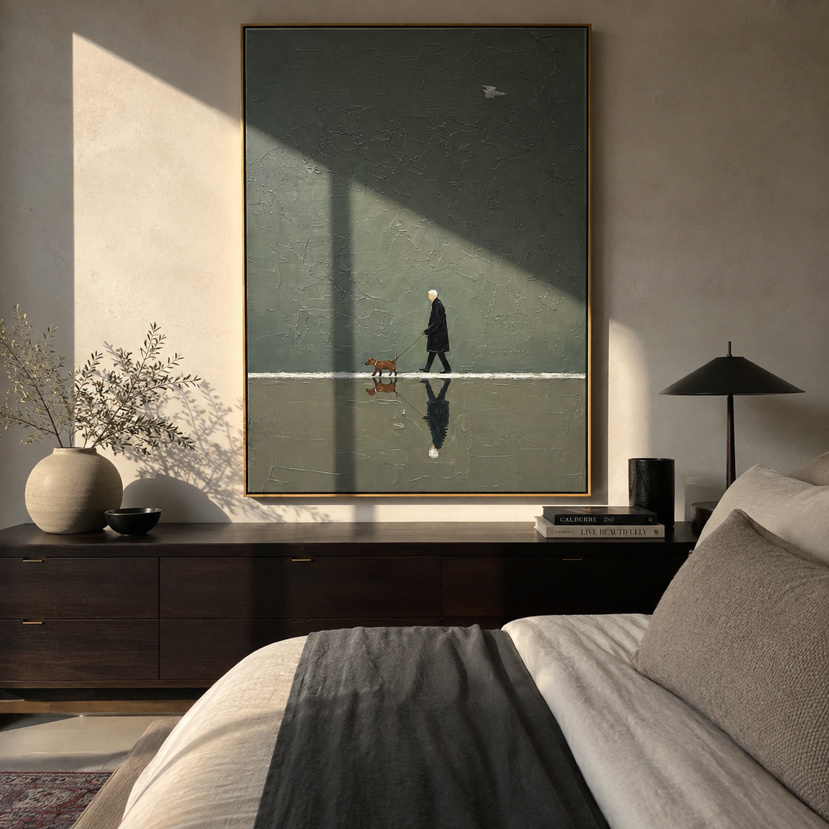 Reflections Hold Evening Walk people and pets wall art above contemporary furnishings