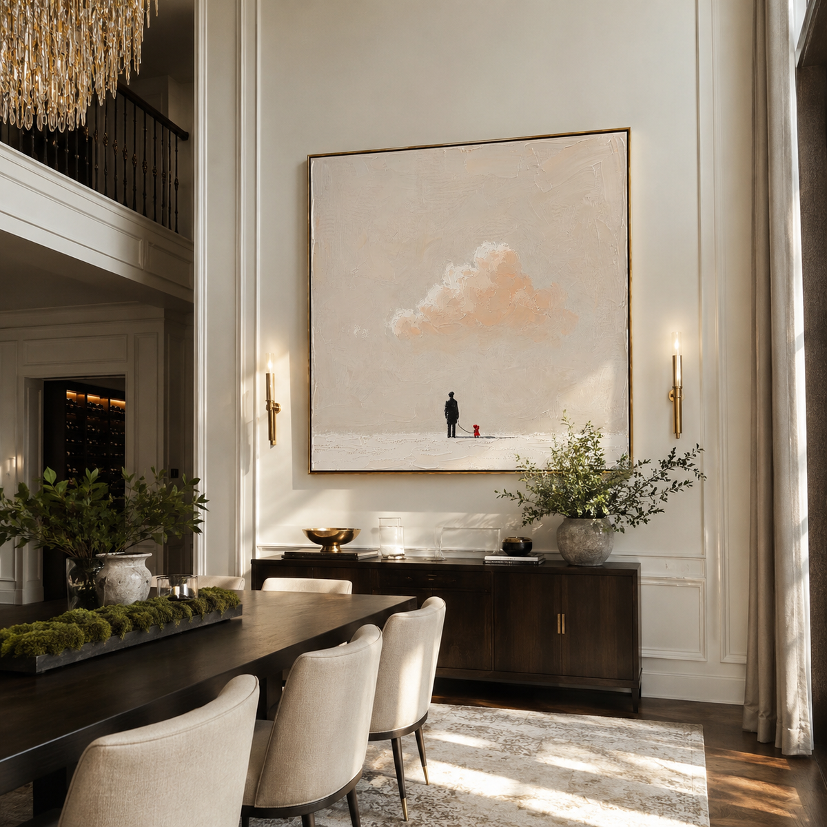 Cloud Waits Above Companions person and dog cloud painting displayed in a styled interior