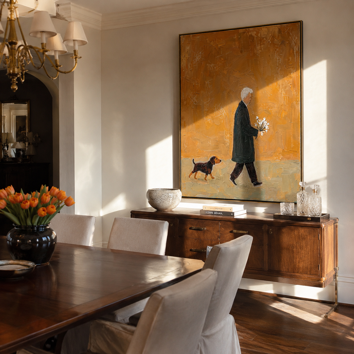 Flowers Cross Amber Air painting presented in an alternate room setting