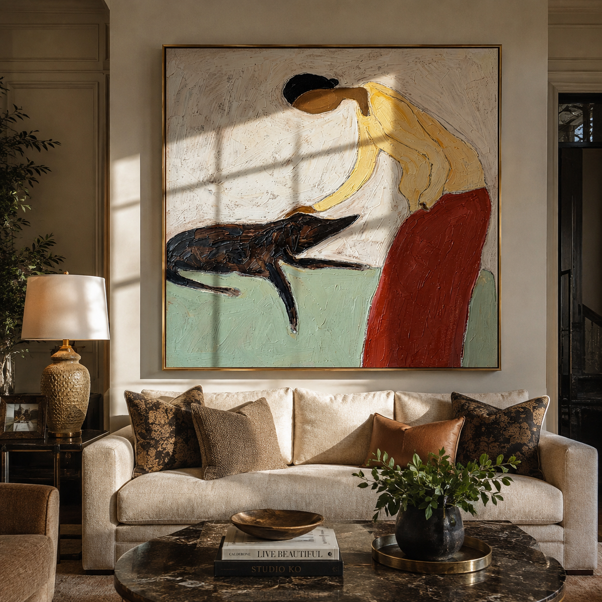 Yellow Sleeves Gentle Greeting woman petting black dog painting displayed in a styled interior