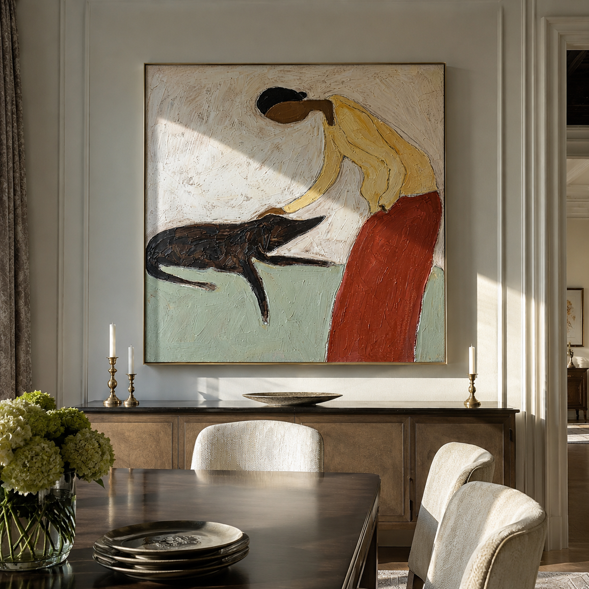 Yellow Sleeves Gentle Greeting people and pets wall art above contemporary furnishings