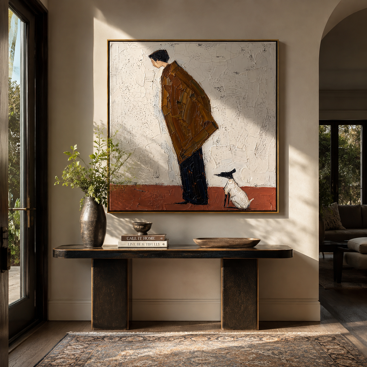 Brown Coat Bends Close people and pets wall art above contemporary furnishings