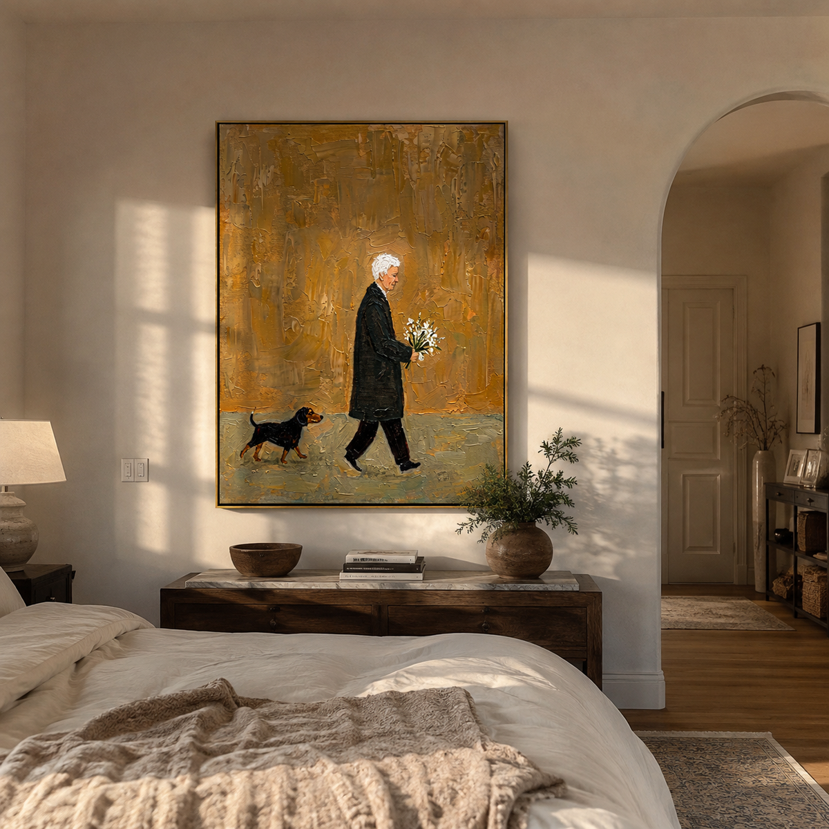 Amber Field Carries Flowers people and pets wall art above contemporary furnishings