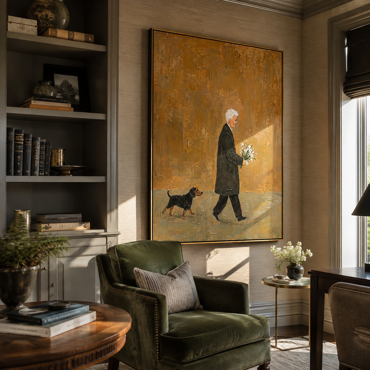 Amber Field Carries Flowers painting presented in an alternate room setting