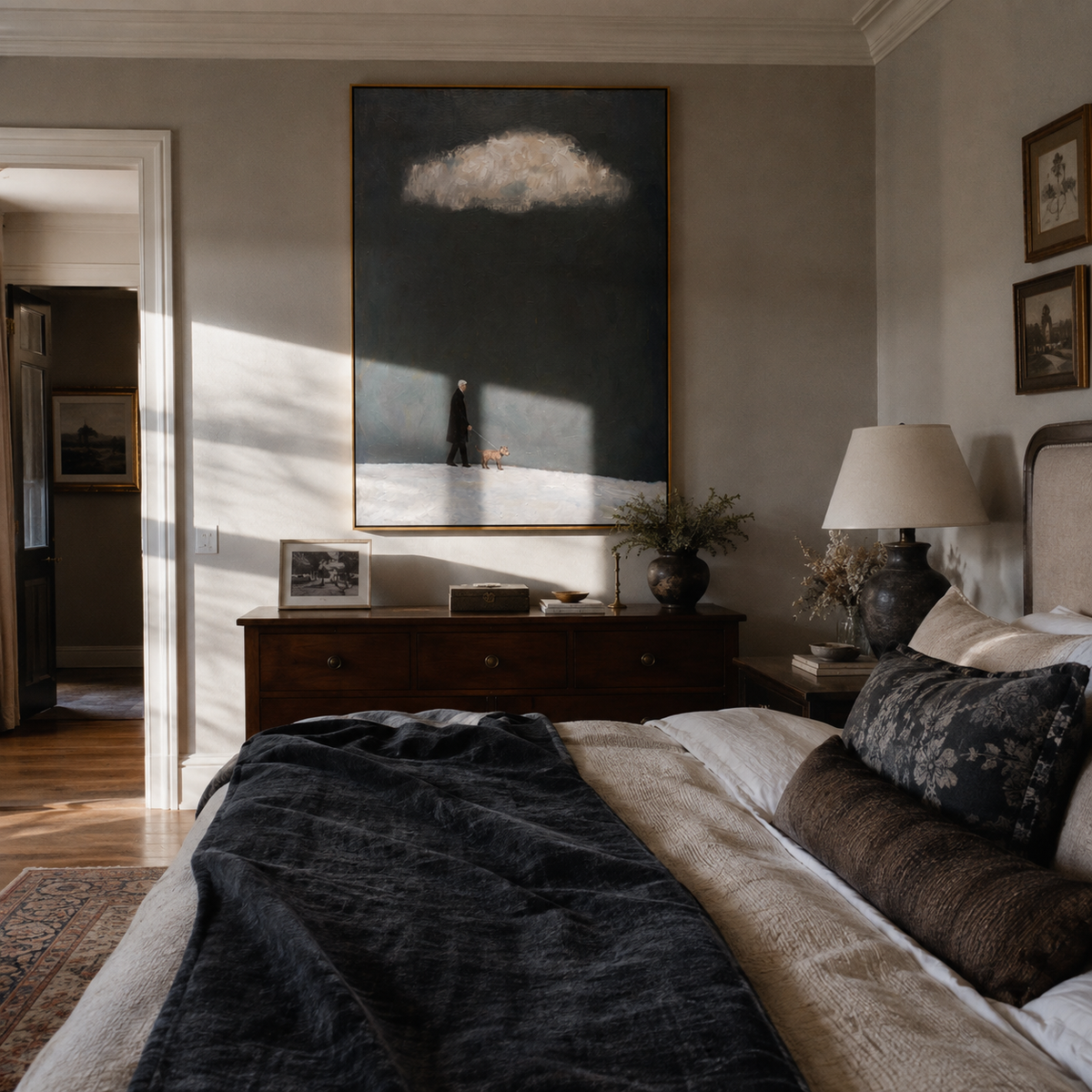 Storm Cloud Small Company people and pets wall art above contemporary furnishings