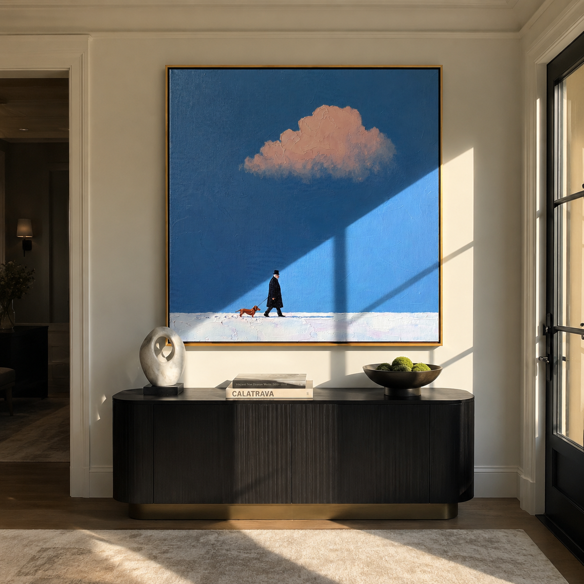 Pink Cloud Winter Walk person and dog pink cloud painting displayed in a styled interior