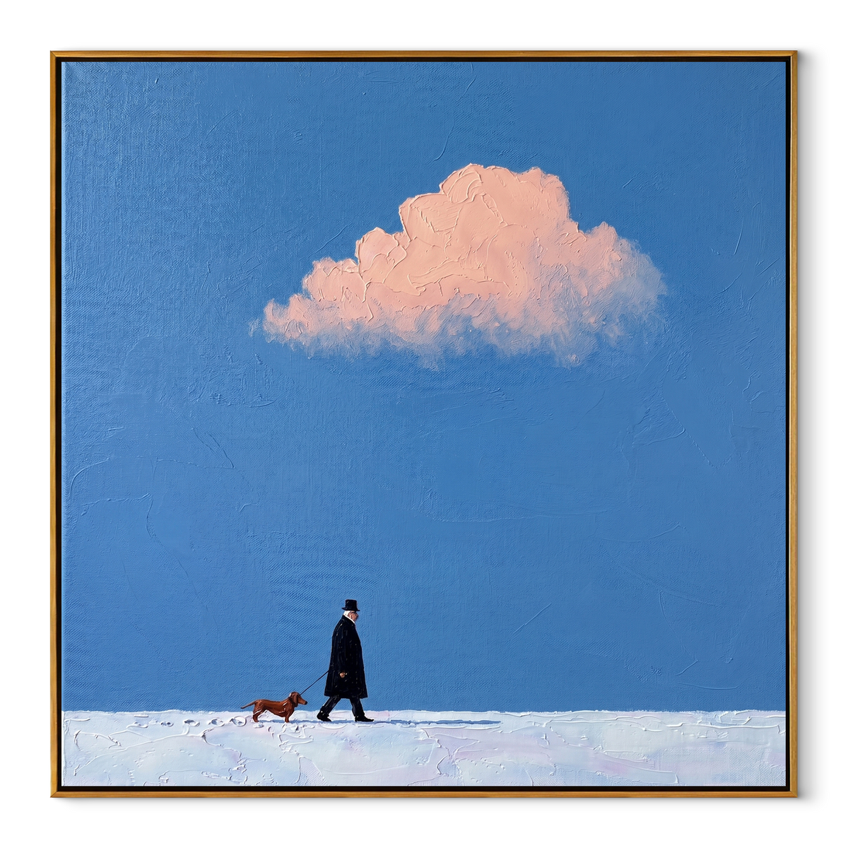 Pink Cloud Winter Walk square painting in a wood frame on a white background