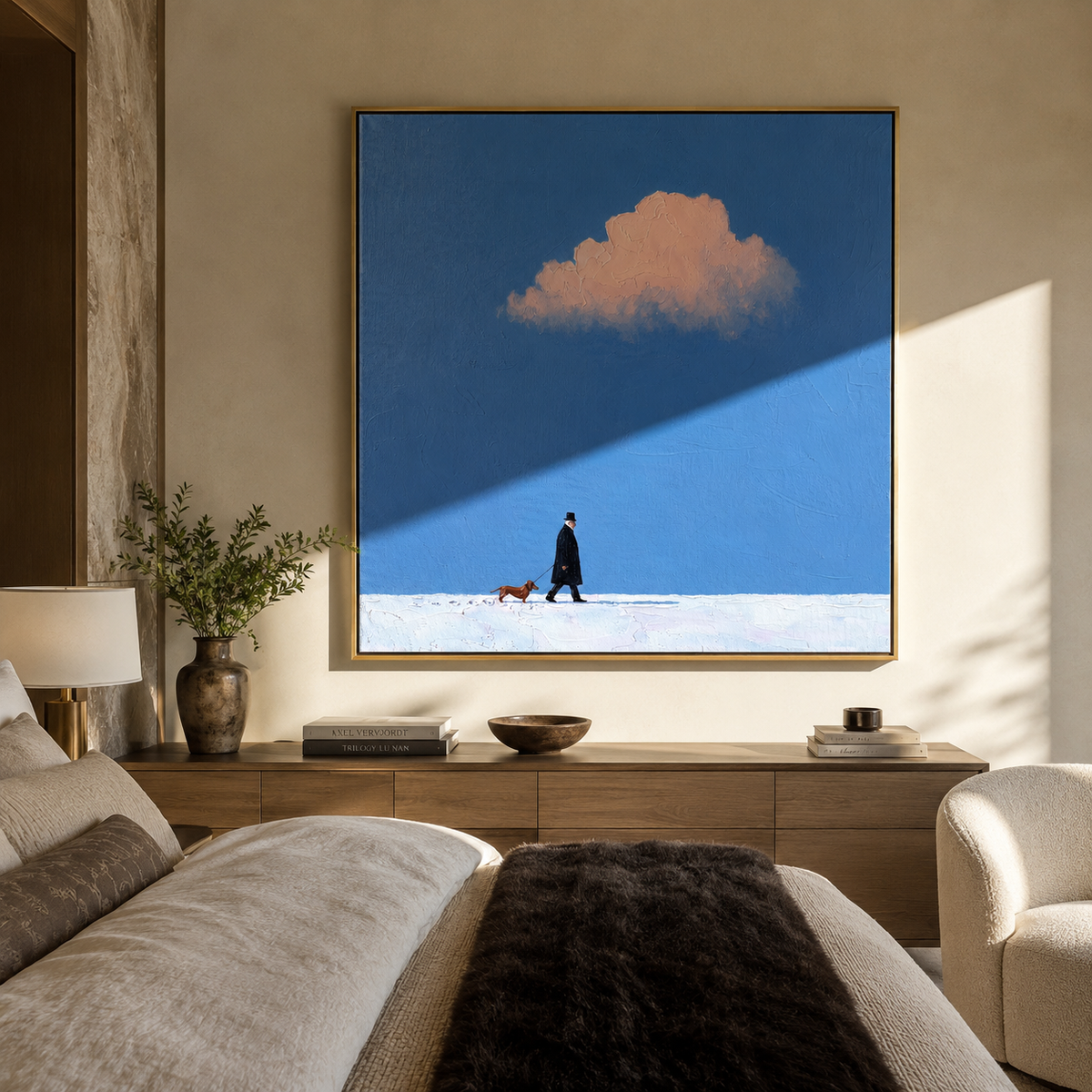 Pink Cloud Winter Walk artwork styled as a warm modern focal point