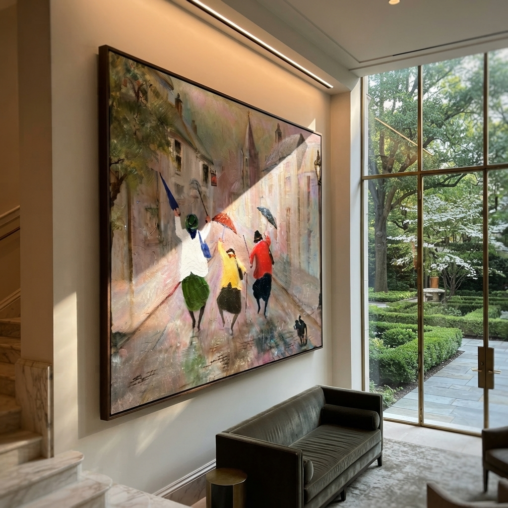 Rain Dance Through Town people and pets wall art above contemporary furnishings