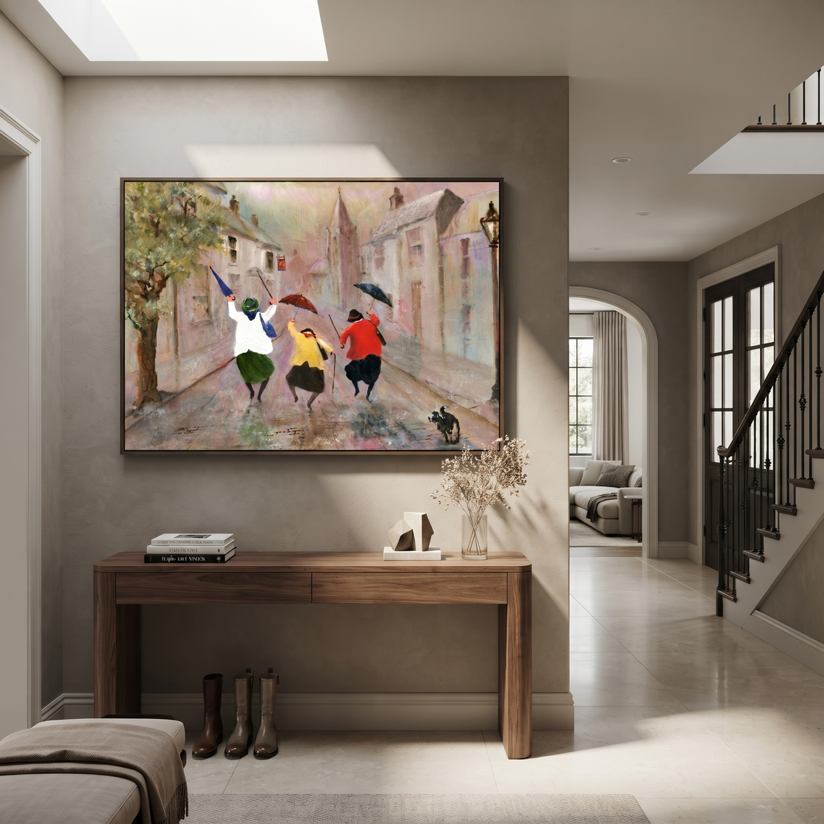 Rain Dance Through Town artwork styled as a warm modern focal point
