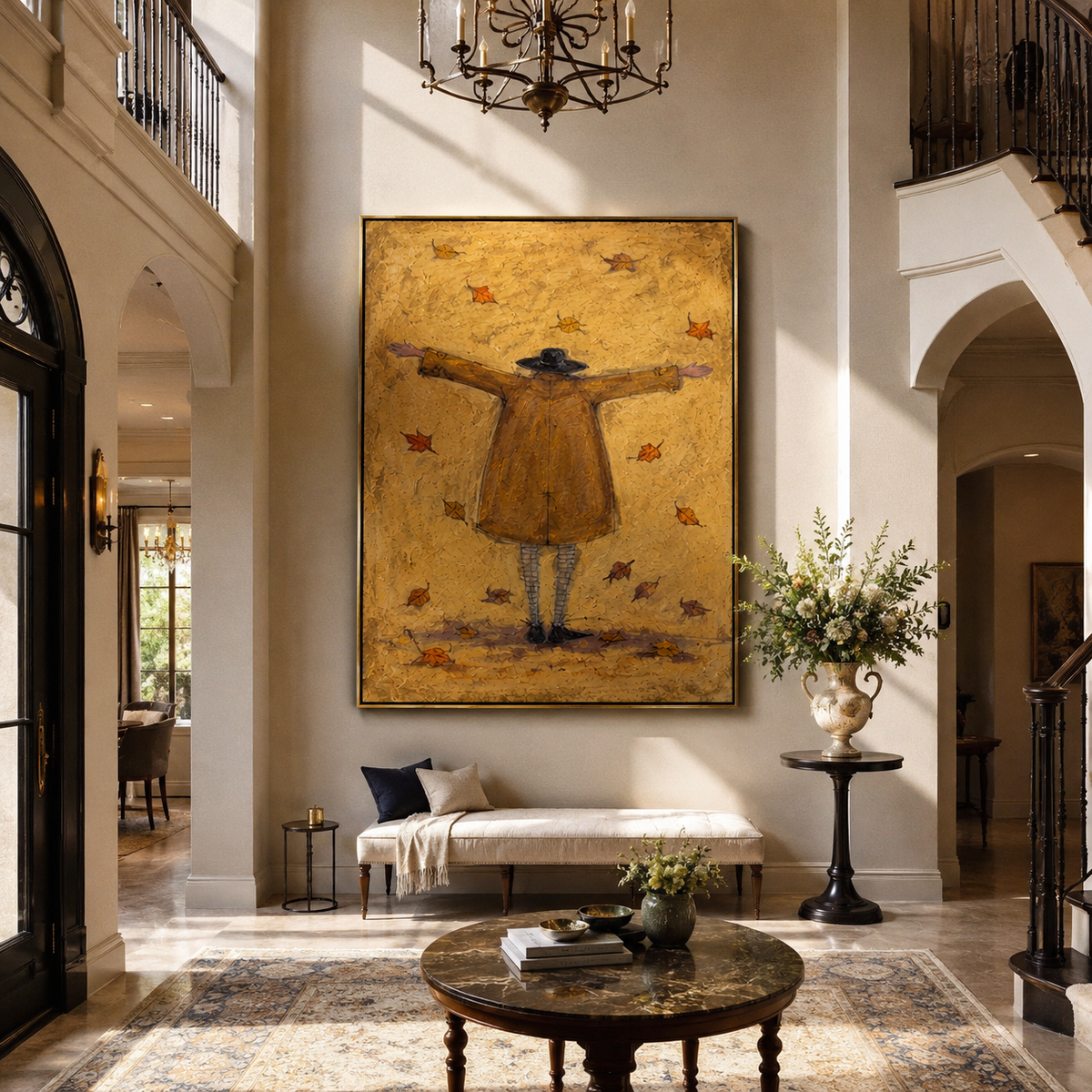 Autumn Leaves Welcome Arms figure among falling leaves painting displayed in a styled interior