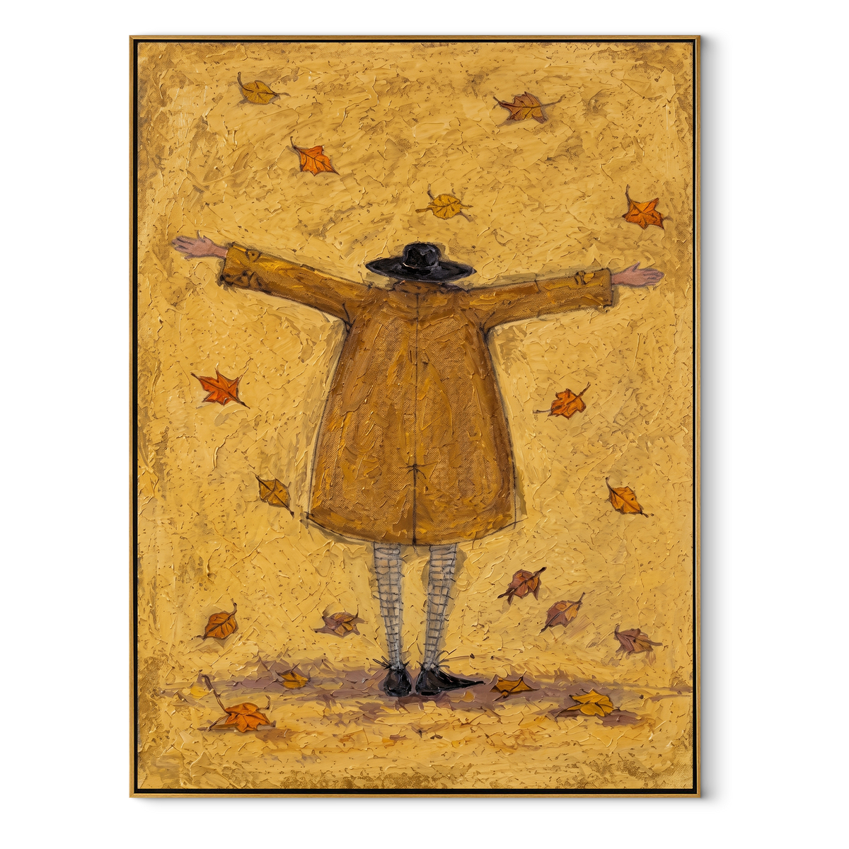 Autumn Leaves Welcome Arms vertical painting in a wood frame on a white background