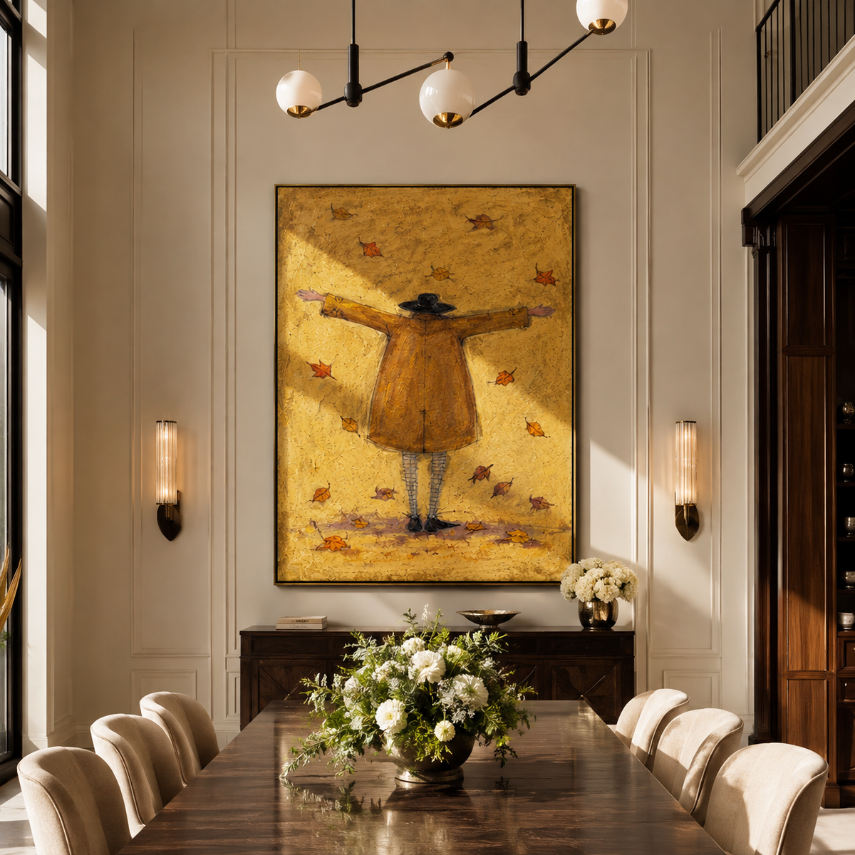 Autumn Leaves Welcome Arms people and pets wall art above contemporary furnishings