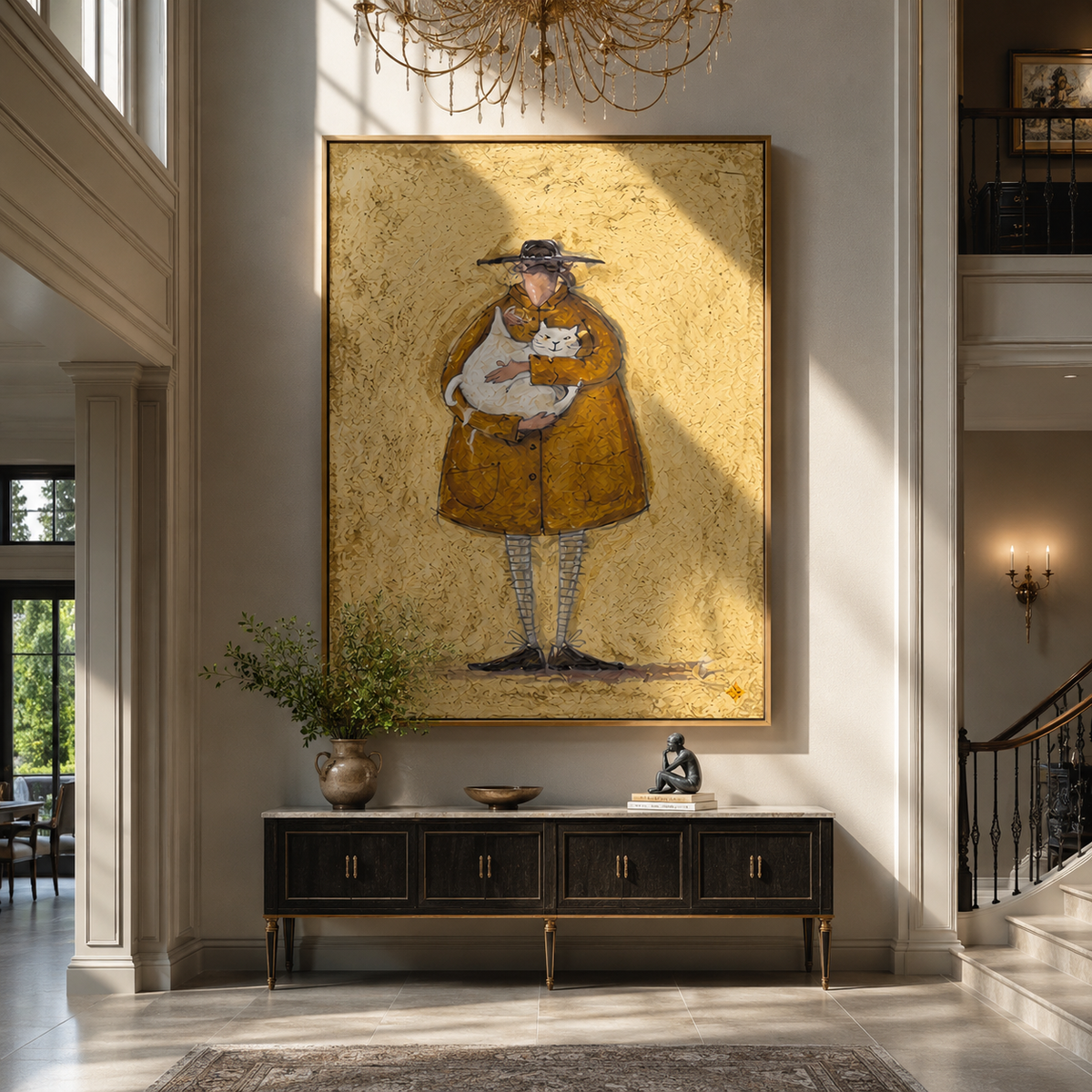 Small Friend Held Close person holding small pet painting displayed in a styled interior