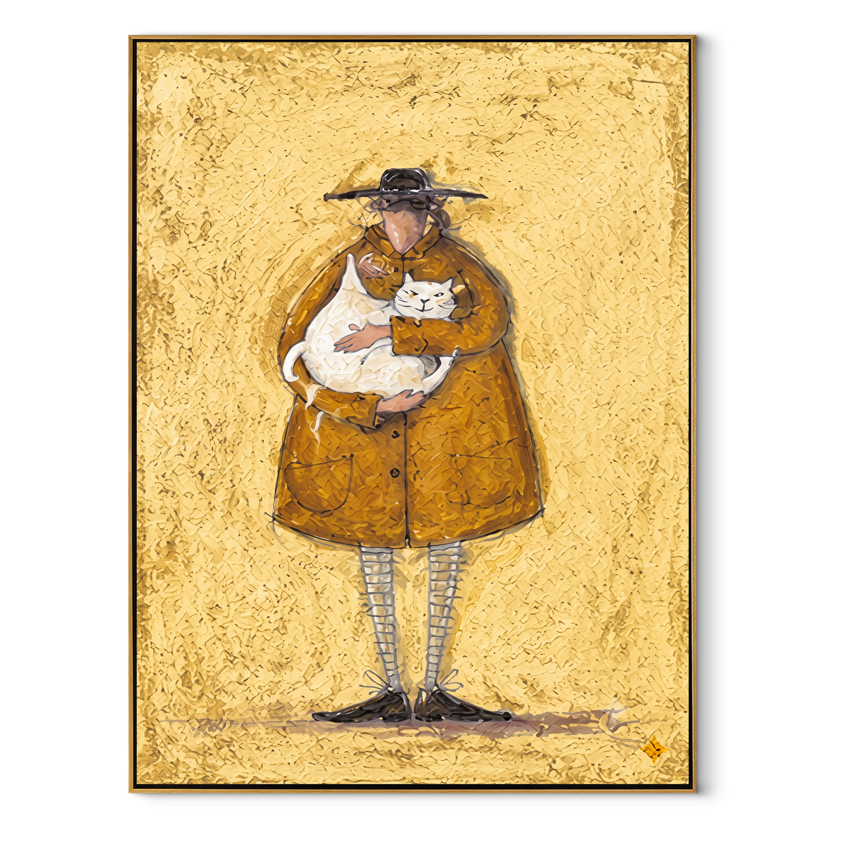 Small Friend Held Close vertical painting in a wood frame on a white background
