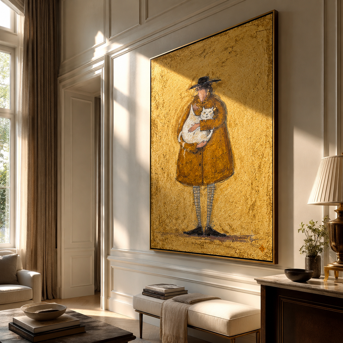Small Friend Held Close people and pets wall art above contemporary furnishings